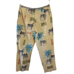 VTG Samantha Stretch Tan Zebra Palm Tree Safari Print Crop Pant Sz 10P Tropical